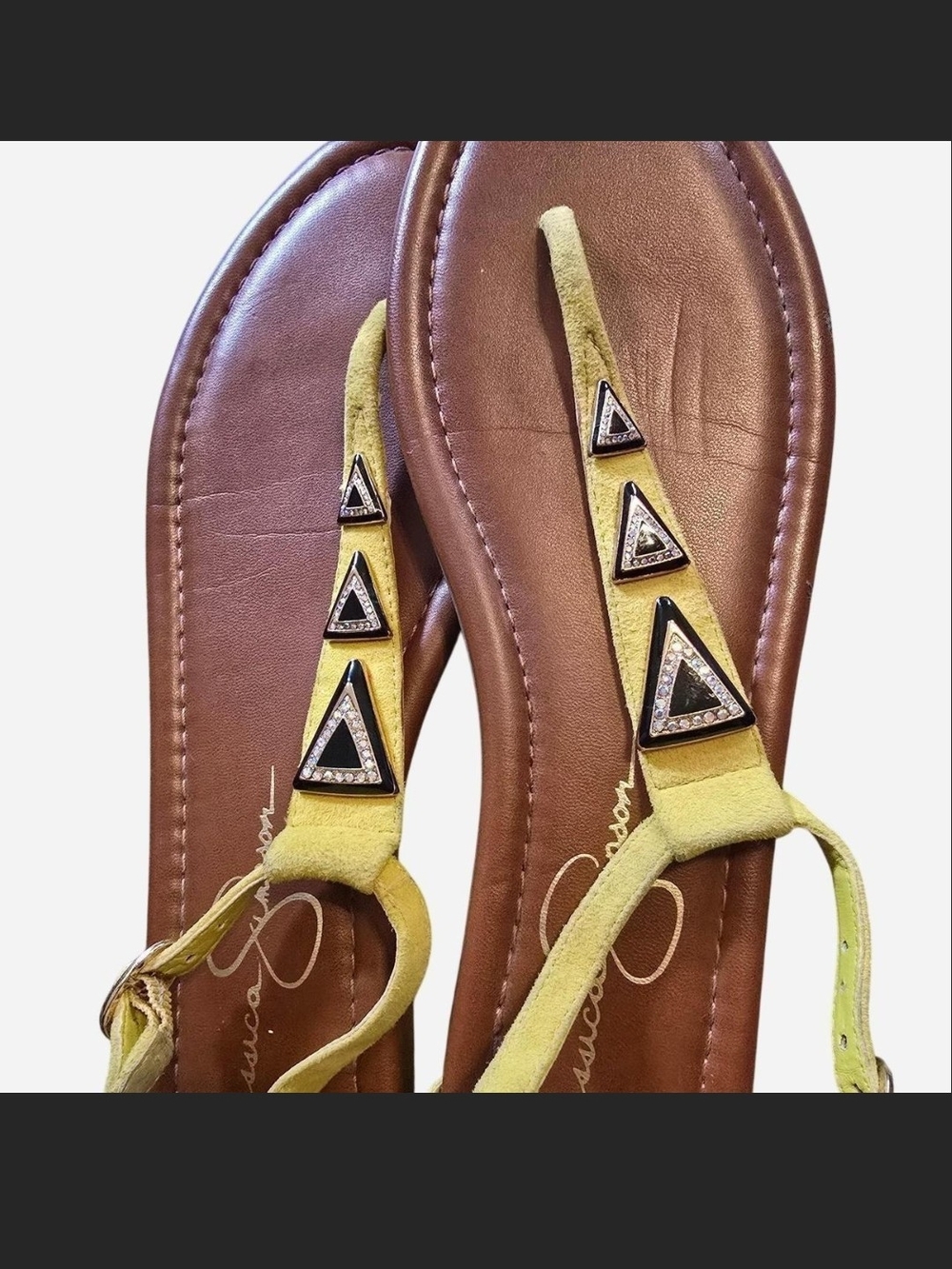 Jessica Simpson Yellow Suede Triangle-Embellished Toe-Thong Sandals